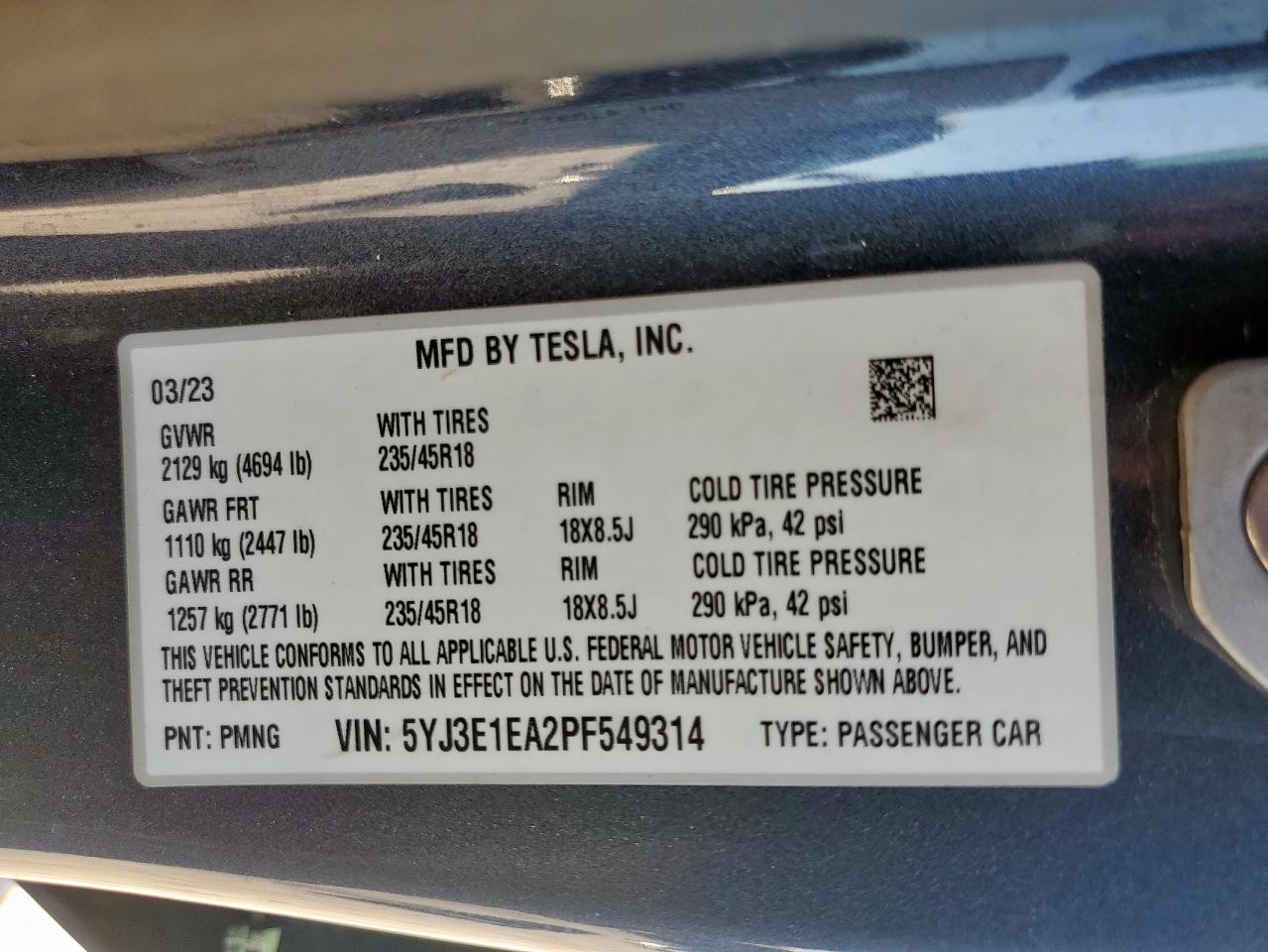 2023 Tesla Model 3 VIN: 5YJ3E1EA2PF549314 Lot: 86851765