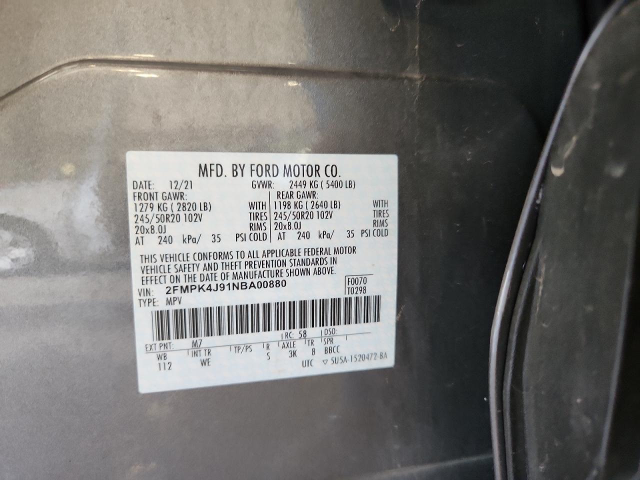 2022 Ford Edge Sel VIN: 2FMPK4J91NBA00880 Lot: 84971585