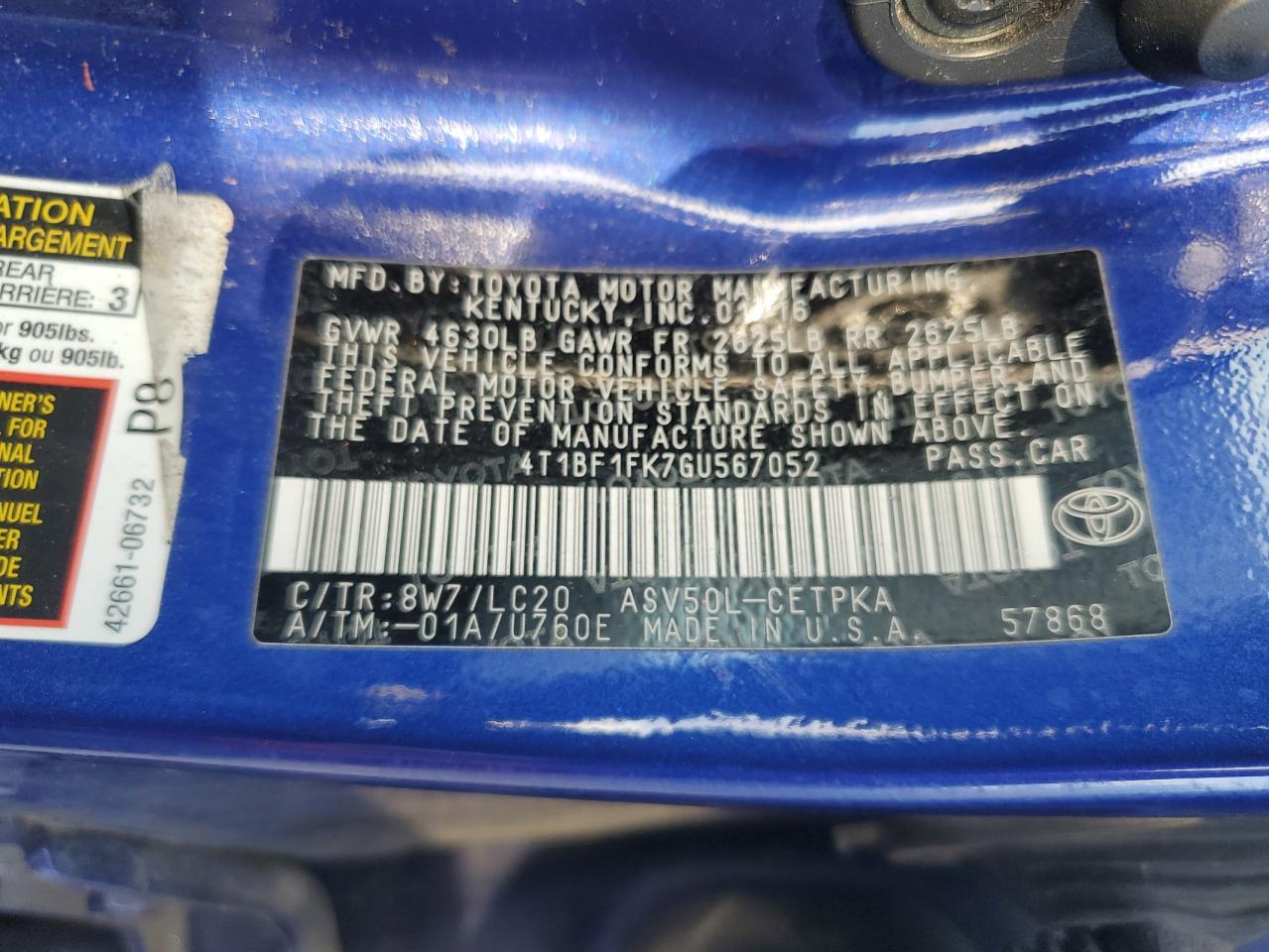 2016 Toyota Camry Le VIN: 4T1BF1FK7GU567052 Lot: 84863865