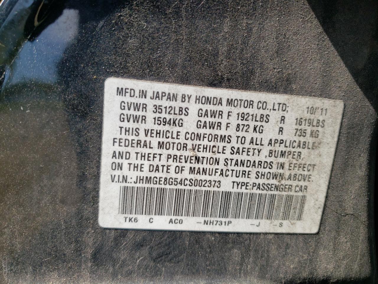 2012 Honda Fit Sport VIN: JHMGE8G54CS002373 Lot: 84951405