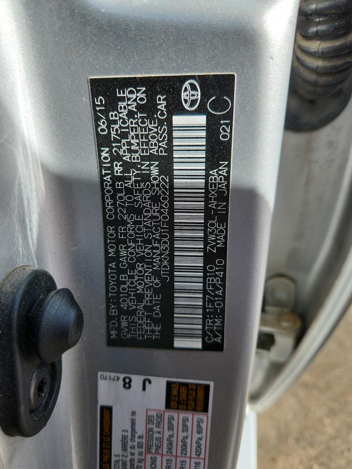 2015 Toyota Prius VIN: JTDKN3DU1F0460222 Lot: 84303185