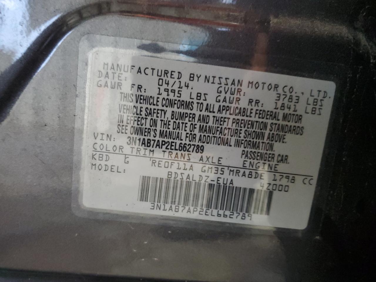 2014 Nissan Sentra S VIN: 3N1AB7AP2EL662789 Lot: 82213855