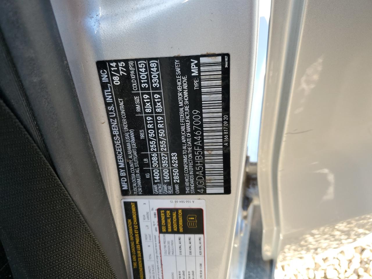 2015 Mercedes-Benz Ml 350 4Matic VIN: 4JGDA5HB5FA467009 Lot: 86195195