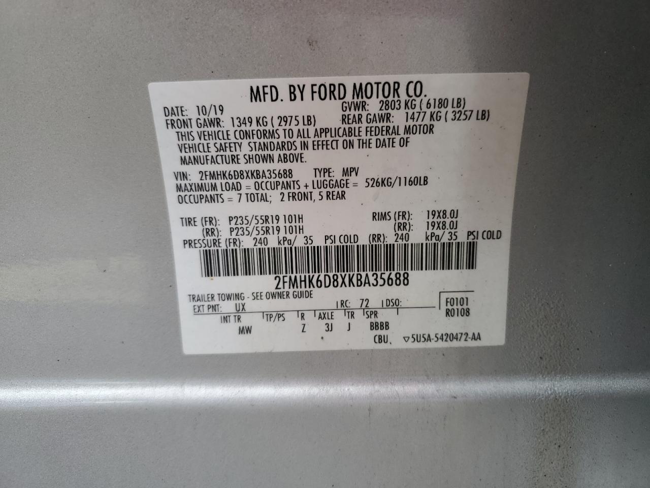 2019 Ford Flex Limited VIN: 2FMHK6D8XKBA35688 Lot: 89703005