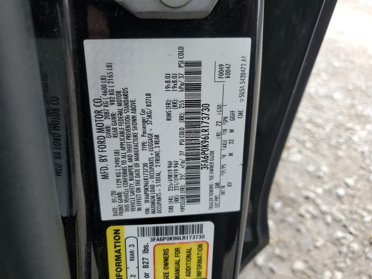 2020 Ford Fusion Titanium VIN: 3FA6P0K96LR173730 Lot: 82255155