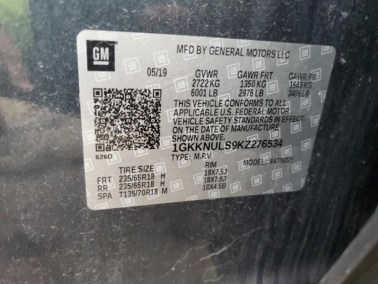 2019 GMC Acadia Slt-1 VIN: 1GKKNULS9KZ276534 Lot: 89530555