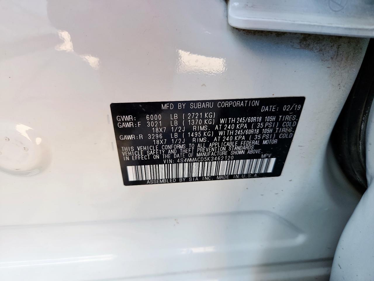 2019 Subaru Ascent Premium VIN: 4S4WMACD5K3462120 Lot: 80376815