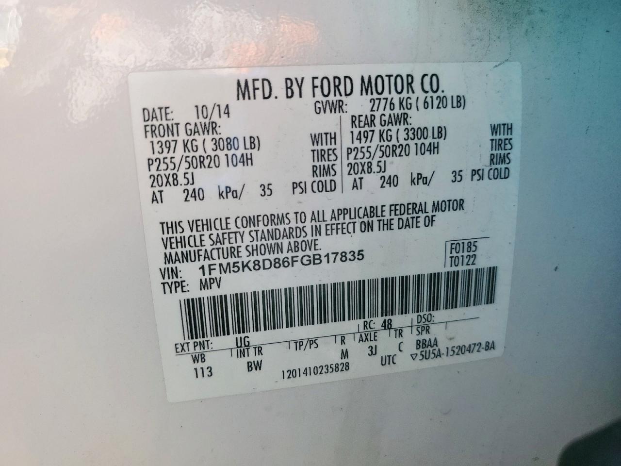 2015 Ford Explorer Xlt VIN: 1FM5K8D86FGB17835 Lot: 86115875