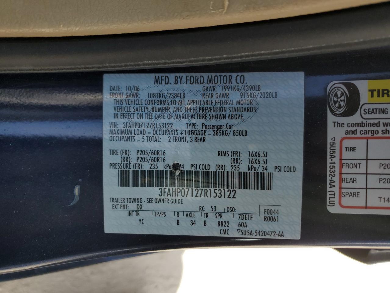 2007 Ford Fusion Se VIN: 3FAHP07127R153122 Lot: 84868335