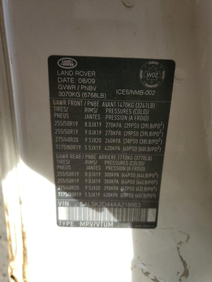 2010 Land Rover Range Rover Sport Lux VIN: SALSK2D44AA218863 Lot: 89616175