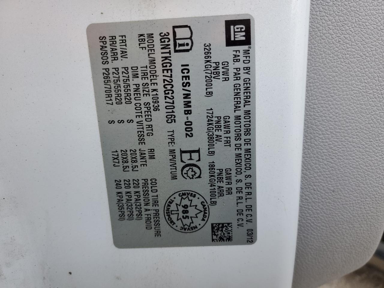 2012 Chevrolet Avalanche Ltz VIN: 3GNTKGE72CG270165 Lot: 85761925