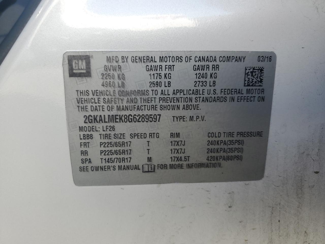 2016 GMC Terrain Sle VIN: 2GKALMEK8G6289597 Lot: 87282995