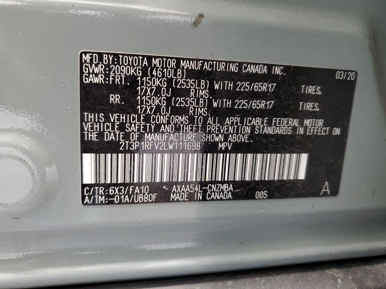 2020 Toyota Rav4 Xle VIN: 2T3P1RFV2LW111698 Lot: 82332565