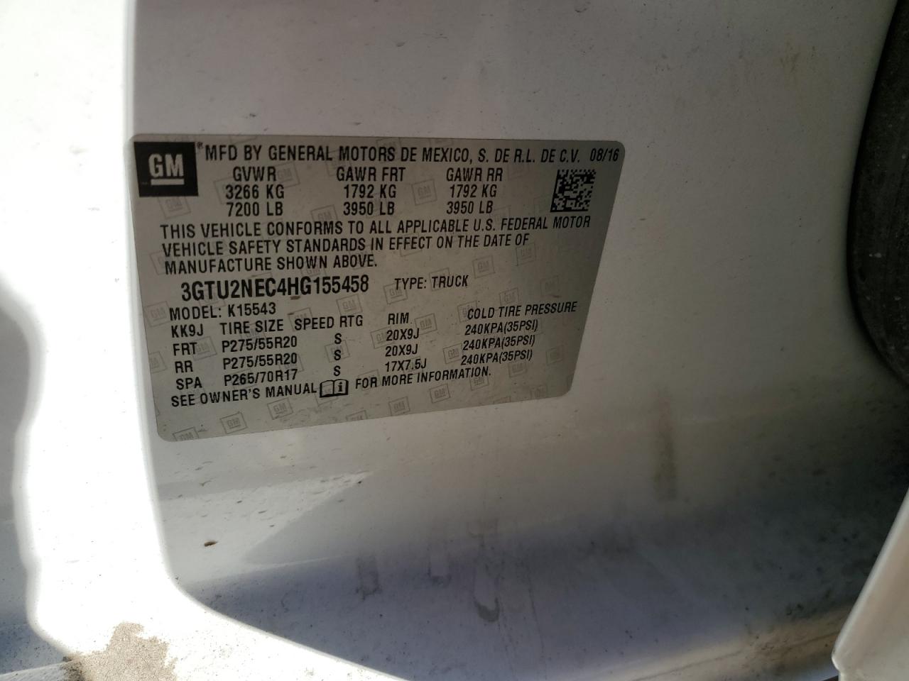 2017 GMC Sierra K1500 Slt VIN: 3GTU2NEC4HG155458 Lot: 85938935