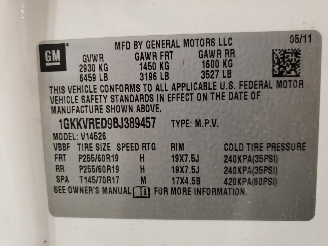 2011 GMC Acadia Slt-1 VIN: 1GKKVRED9BJ389457 Lot: 90483005