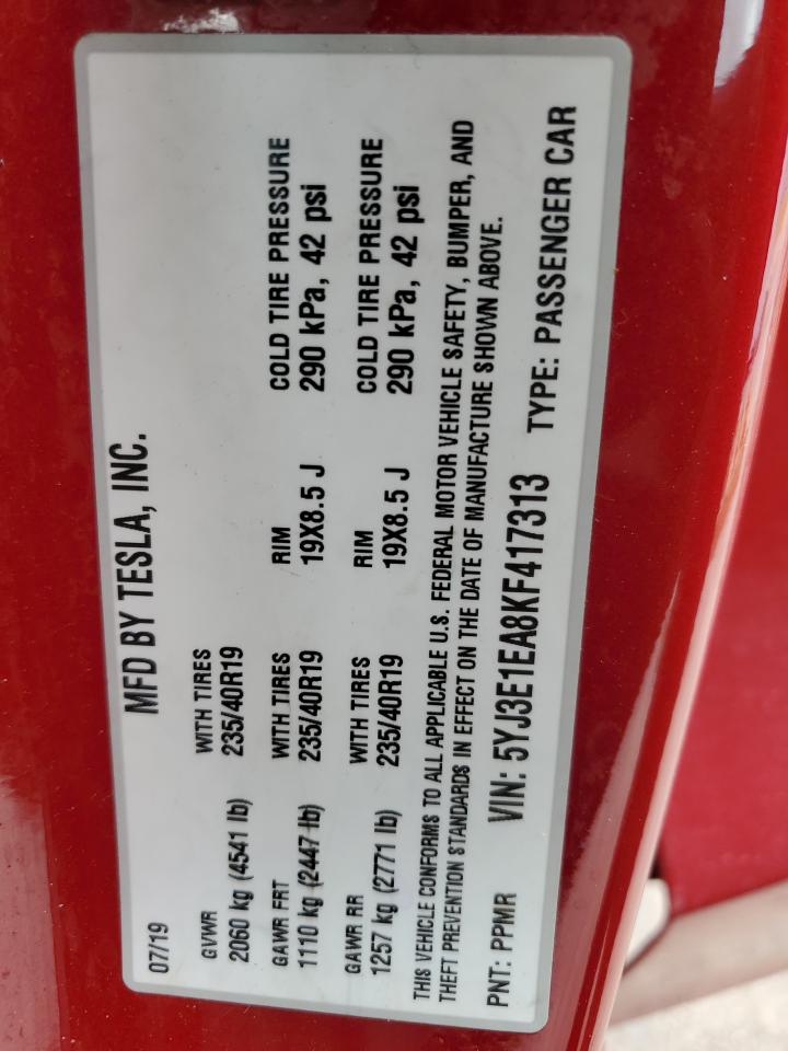 2019 Tesla Model 3 VIN: 5YJ3E1EA8KF417313 Lot: 82071715