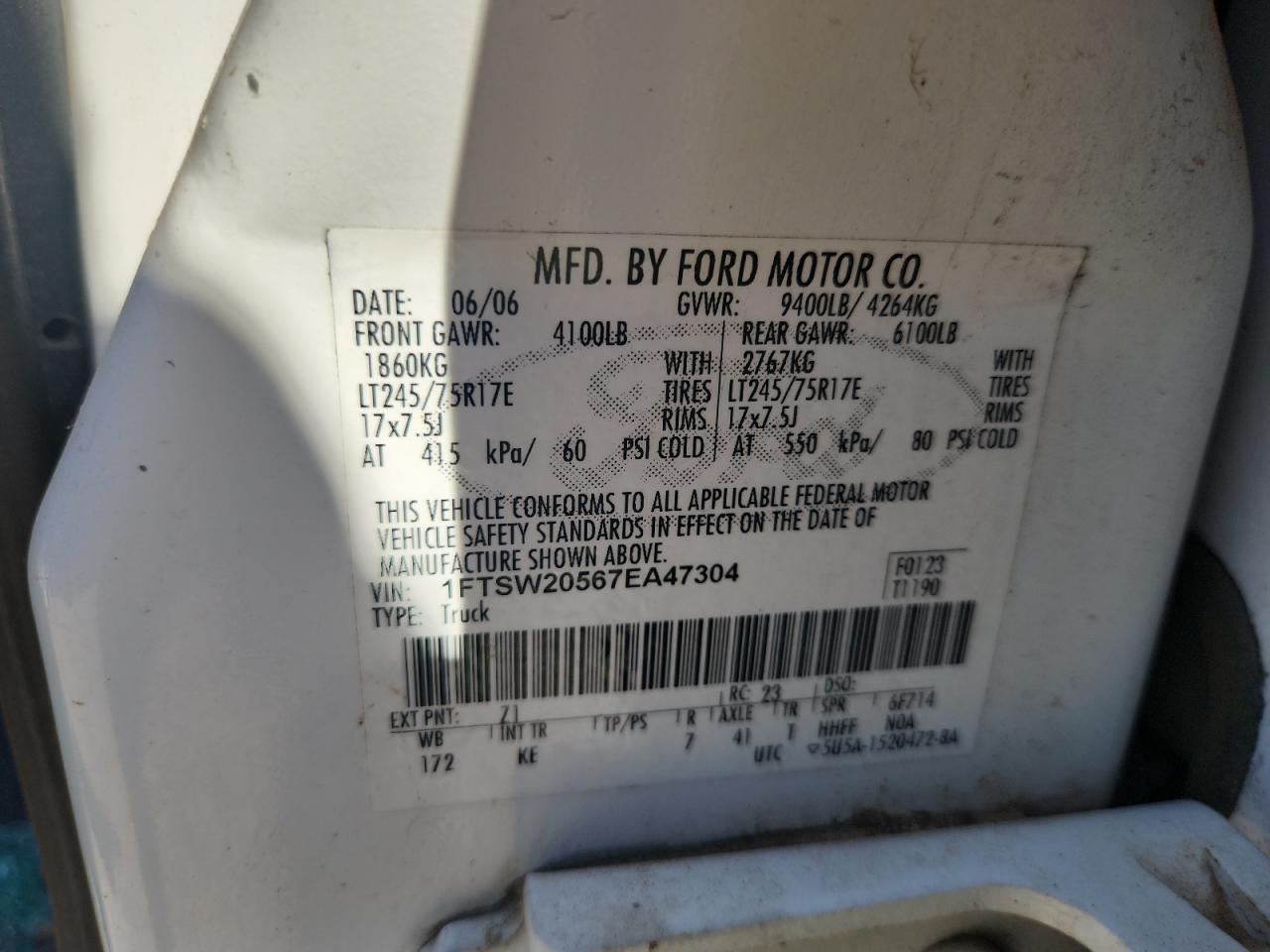 2007 Ford F250 Super Duty VIN: 1FTSW20567EA47304 Lot: 84428795