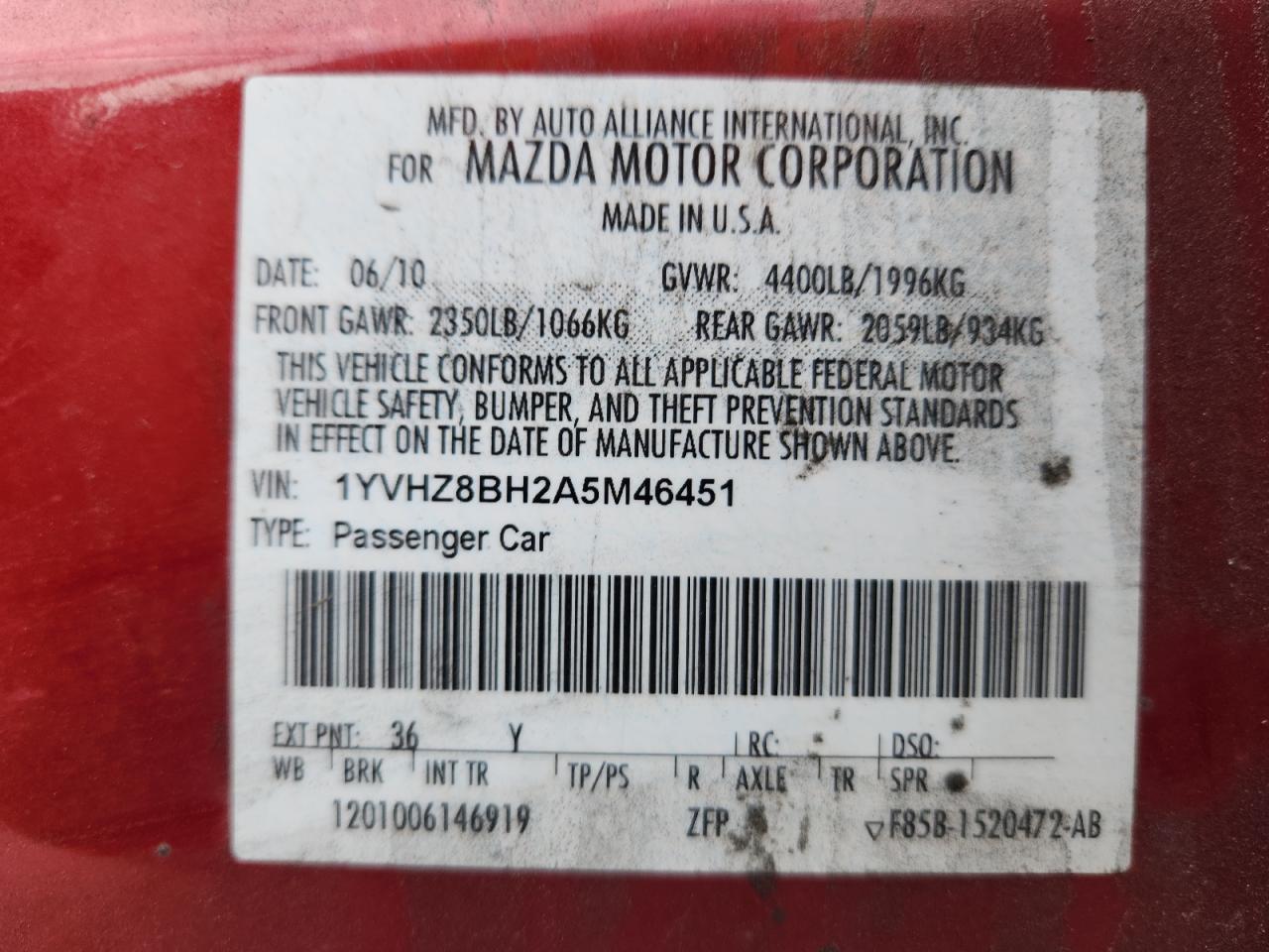 2010 Mazda 6 I VIN: 1YVHZ8BH2A5M46451 Lot: 85755205