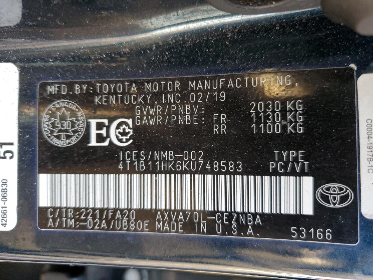 2019 Toyota Camry L VIN: 4T1B11HK6KU748583 Lot: 85733865