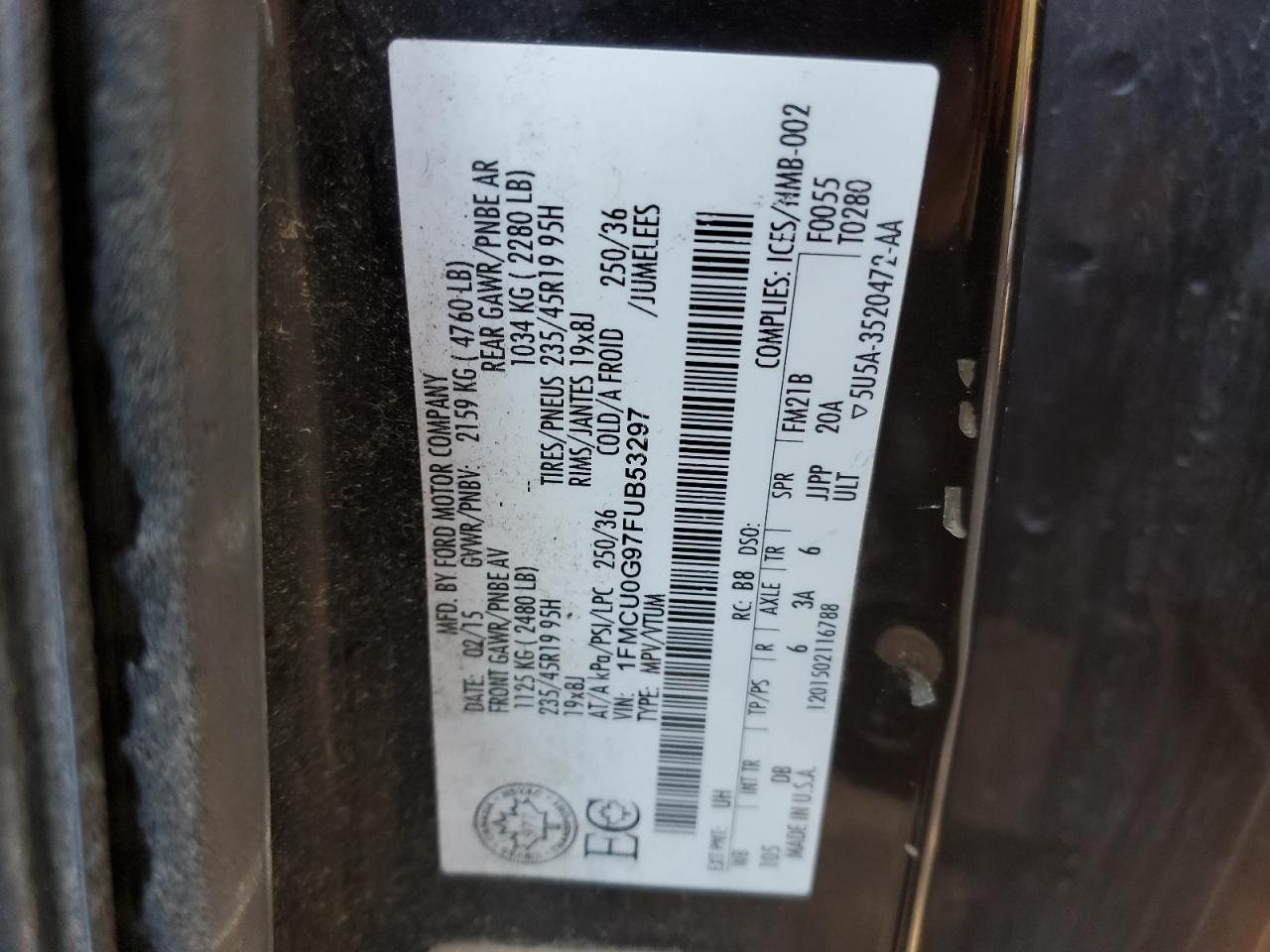 2015 Ford Escape Se VIN: 1FMCU0G97FUB53297 Lot: 84972915