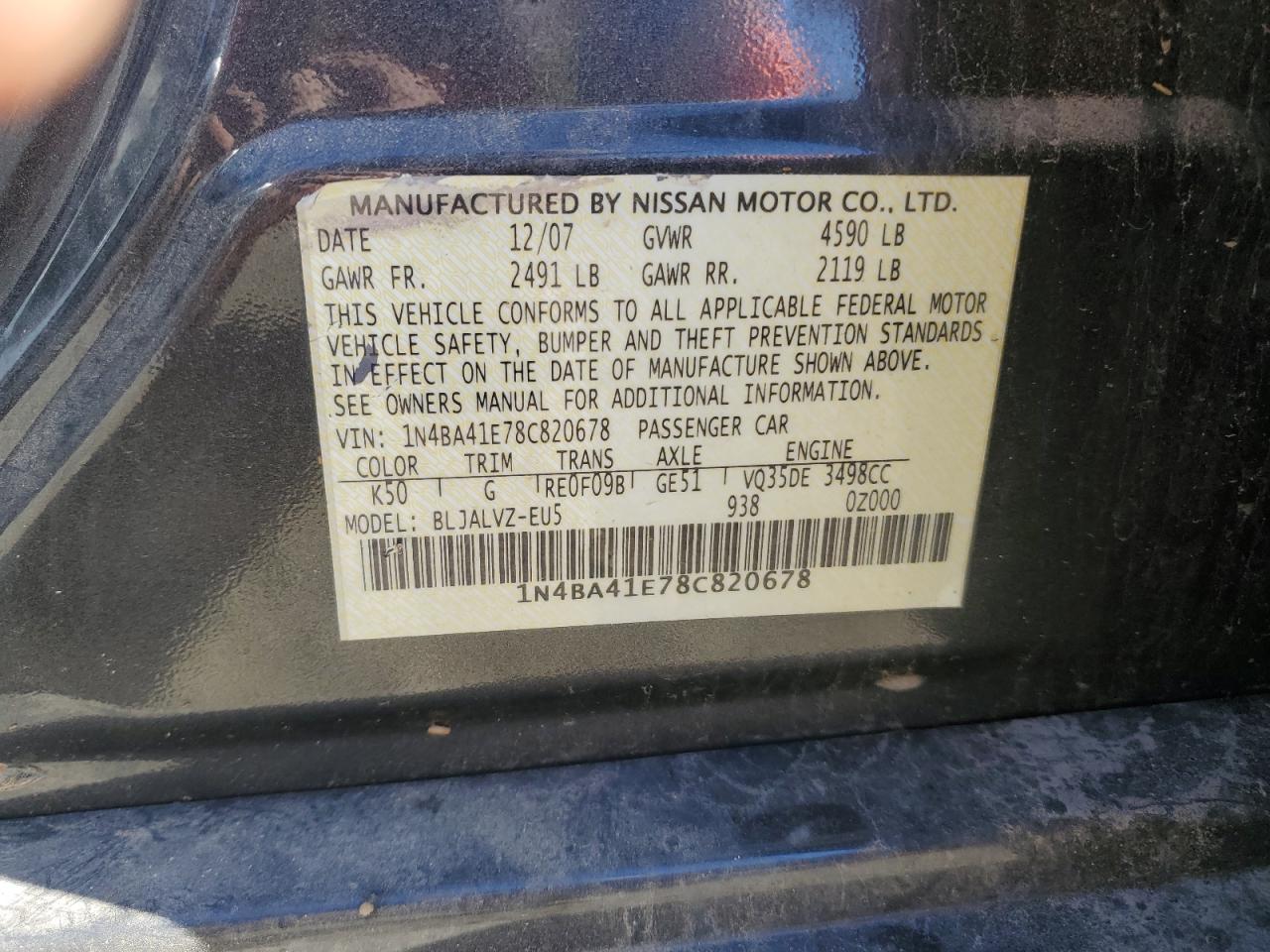 2008 Nissan Maxima Se VIN: 1N4BA41E78C820678 Lot: 90919385