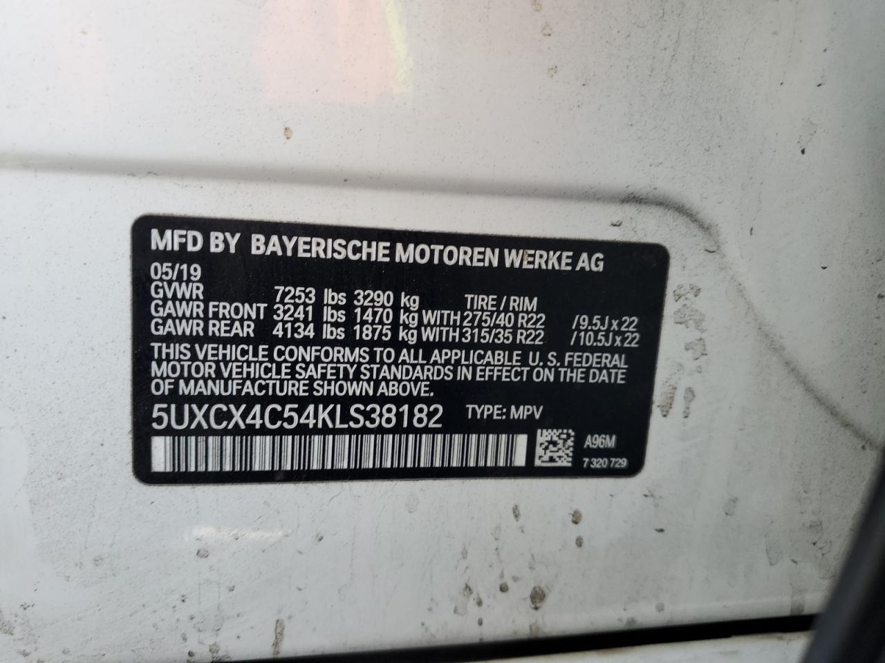 2019 BMW X7 xDrive50I VIN: 5UXCX4C54KLS38182 Lot: 86658505