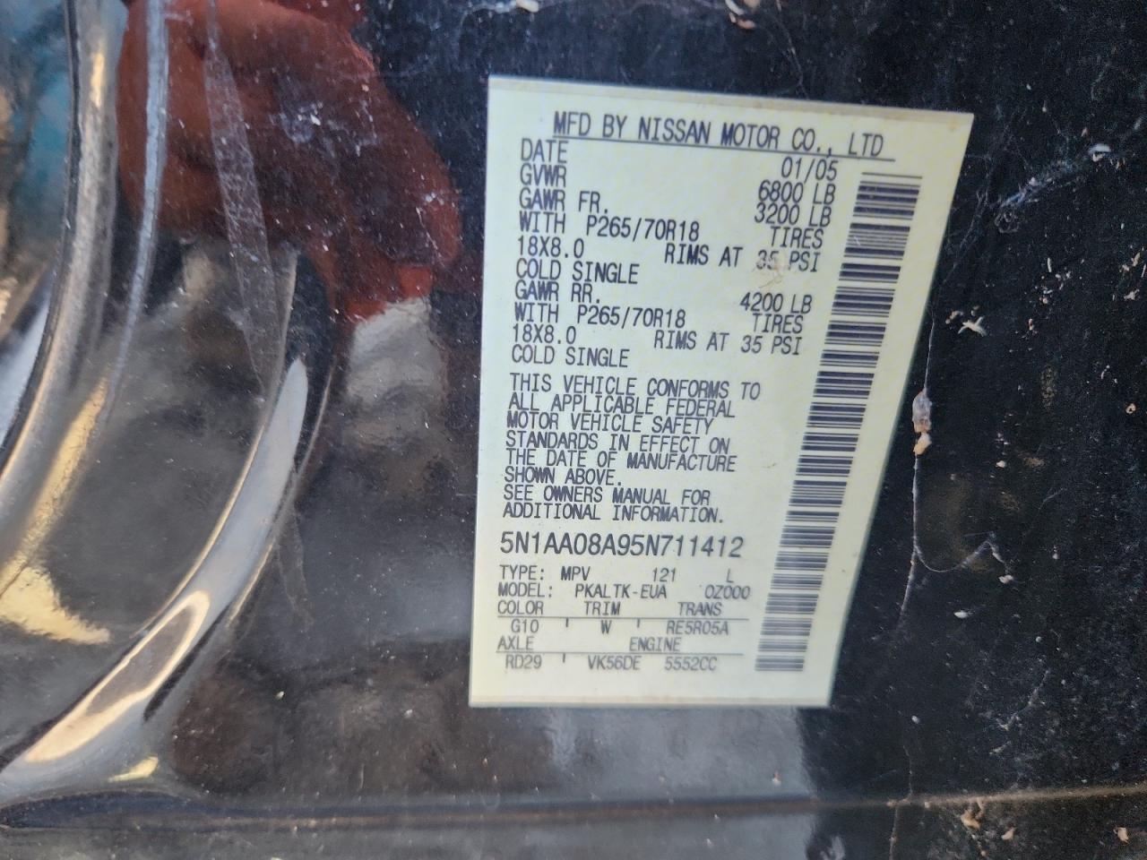 2005 Nissan Armada Se VIN: 5N1AA08A95N711412 Lot: 89447435
