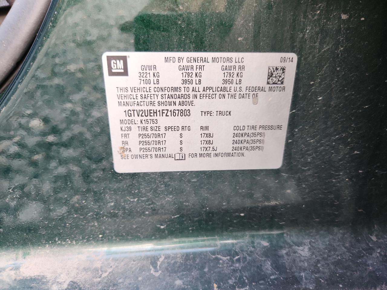 2015 GMC Sierra K1500 Sle VIN: 1GTV2UEH1FZ167803 Lot: 85782765