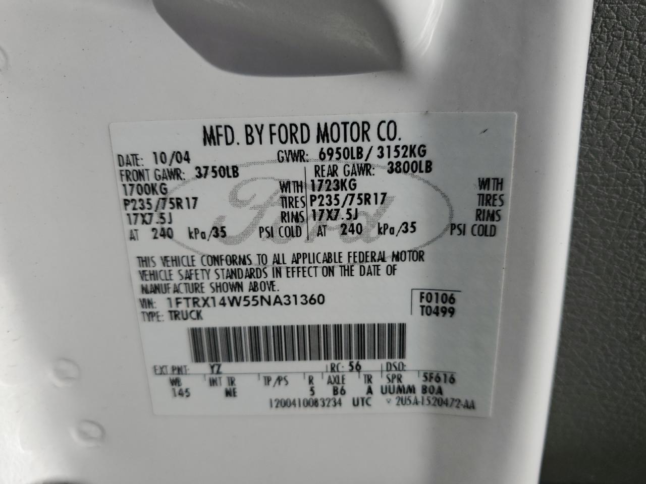 2005 Ford F150 VIN: 1FTRX14W55NA31360 Lot: 85941845