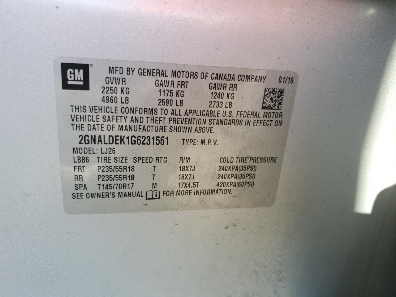 2016 Chevrolet Equinox Ltz VIN: 2GNALDEK1G6231561 Lot: 85700425