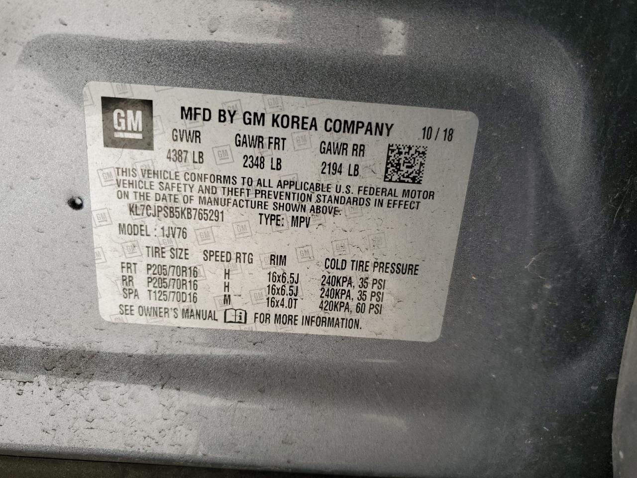 2019 Chevrolet Trax 1Lt VIN: KL7CJPSB5KB765291 Lot: 84942055