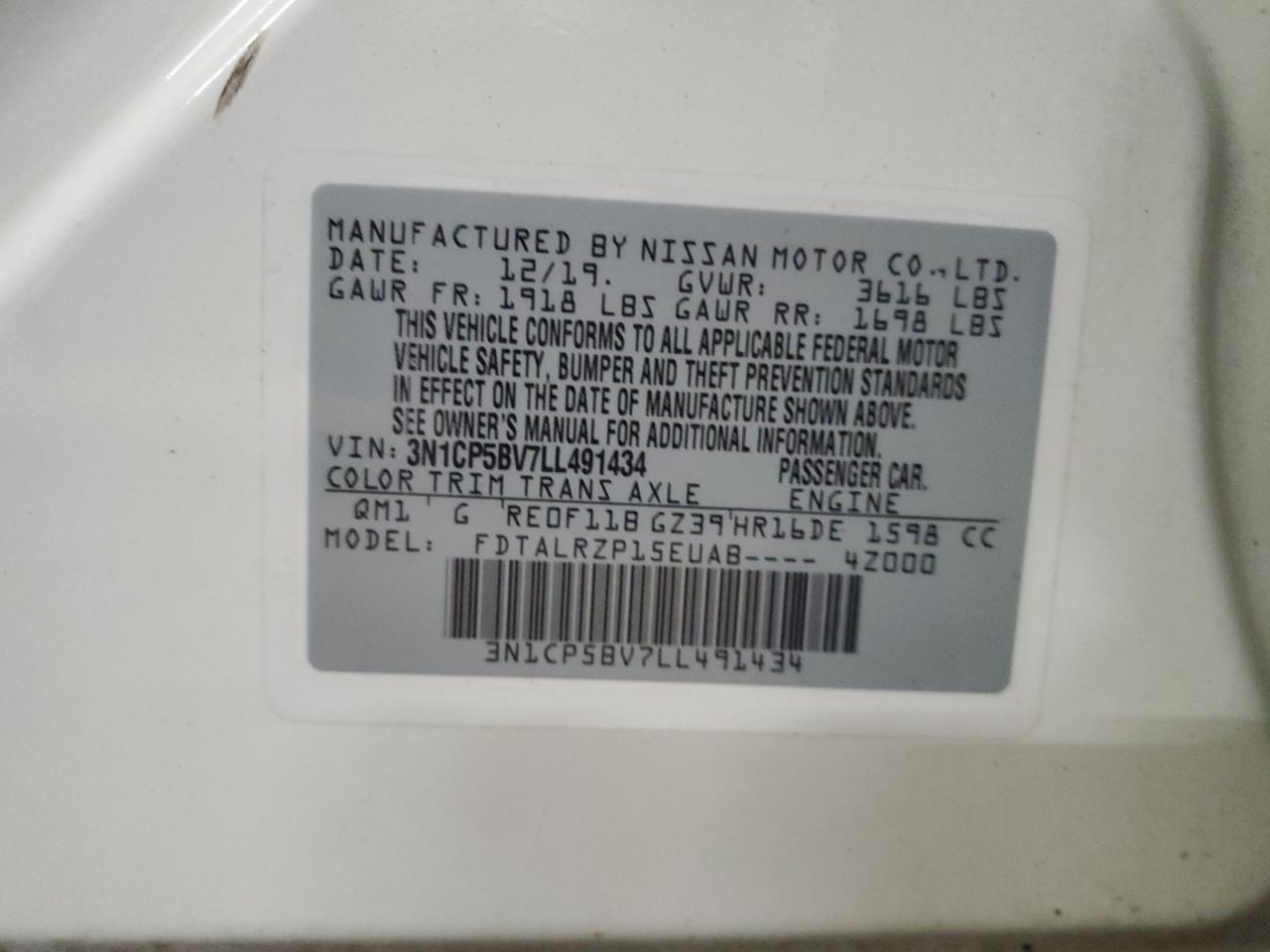 2020 Nissan Kicks S VIN: 3N1CP5BV7LL491434 Lot: 85737695