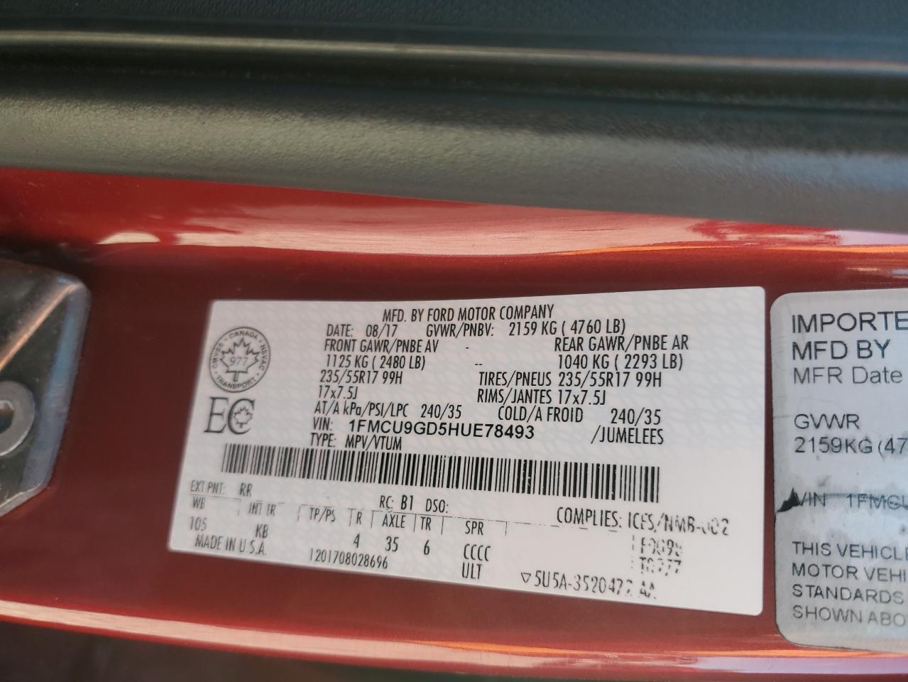 2017 Ford Escape Se VIN: 1FMCU9GD5HUE78493 Lot: 86481315