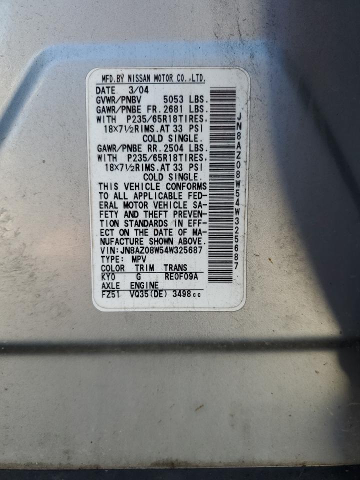 2004 Nissan Murano Sl VIN: JN8AZ08W54W325687 Lot: 85844355