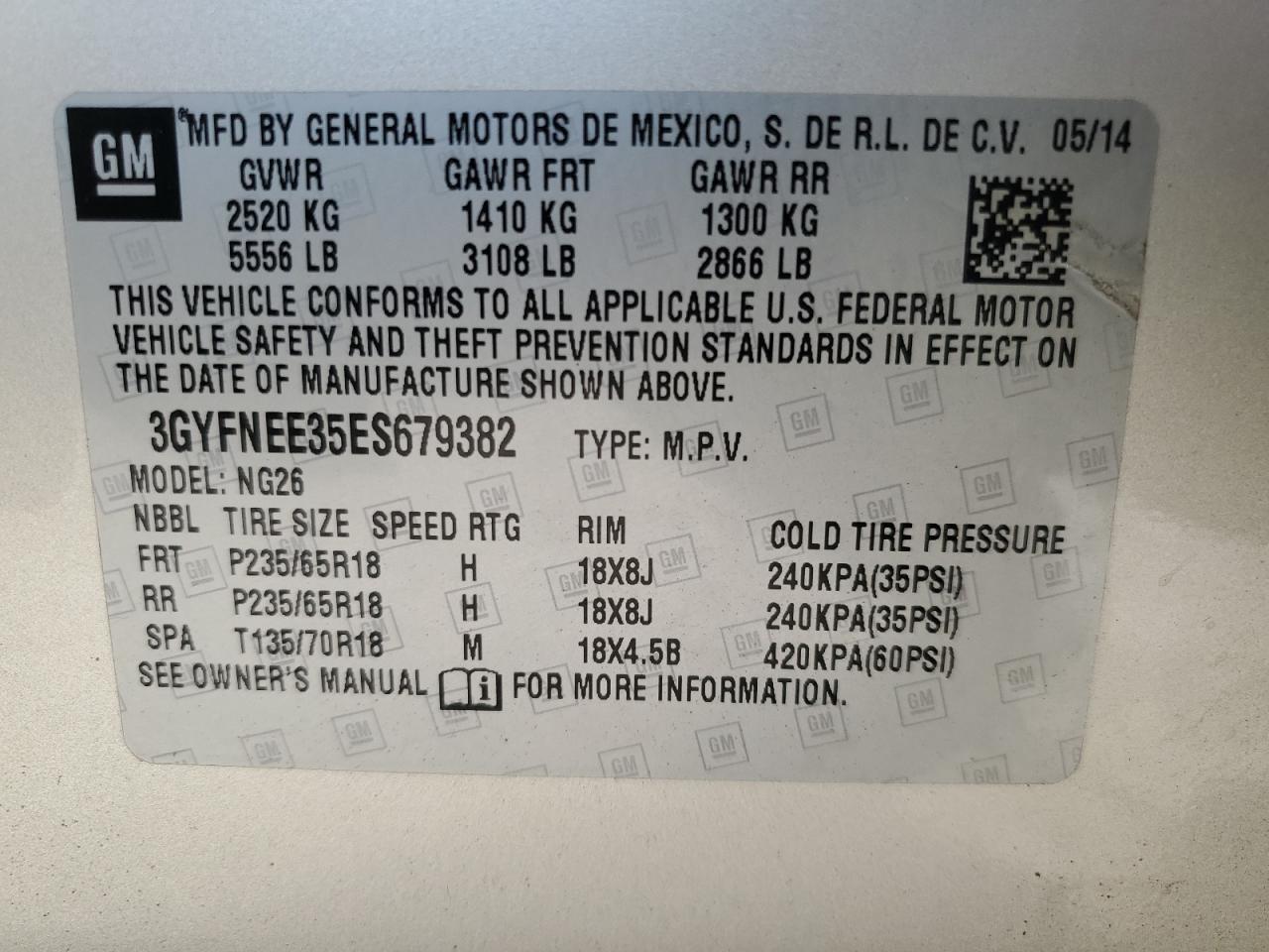 2014 Cadillac Srx Luxury Collection VIN: 3GYFNEE35ES679382 Lot: 89707635