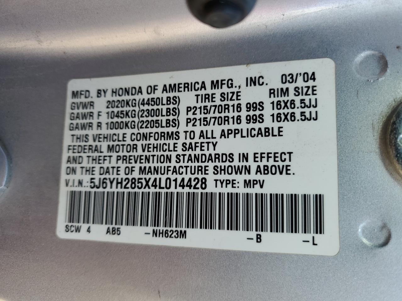 2004 Honda Element Ex VIN: 5J6YH285X4L014428 Lot: 87126415