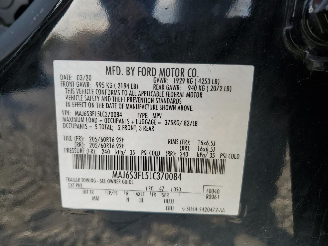 2020 Ford Ecosport S VIN: MAJ6S3FL5LC370084 Lot: 82694565