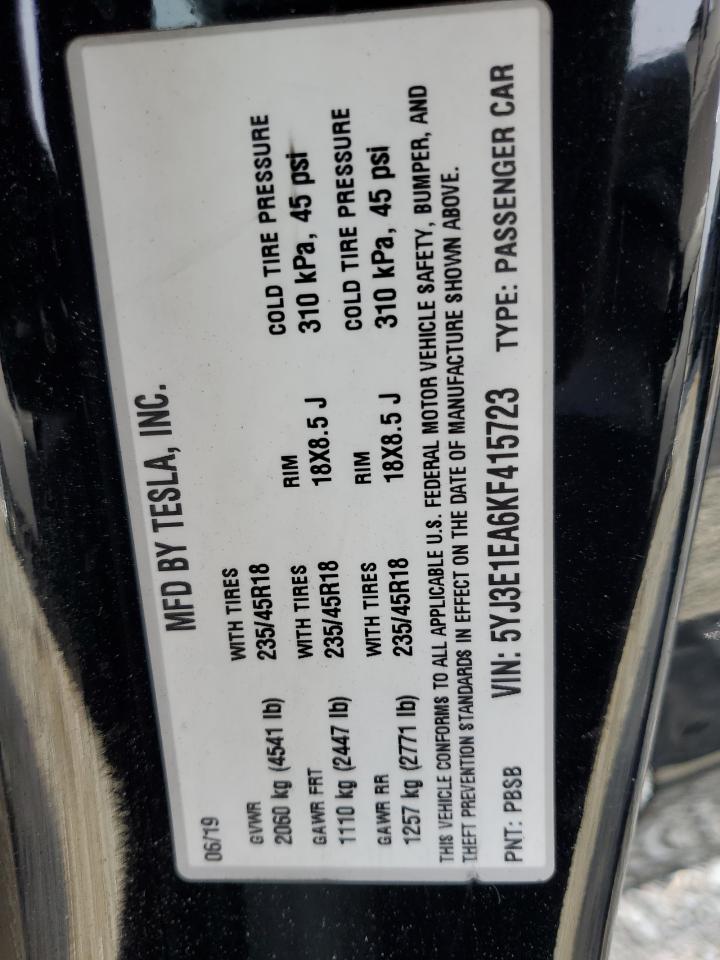 2019 Tesla Model 3 VIN: 5YJ3E1EA6KF415723 Lot: 84748445