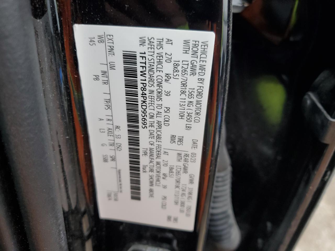 2023 Ford F150 Police Responder VIN: 1FTFW1P84PKD95695 Lot: 87243685