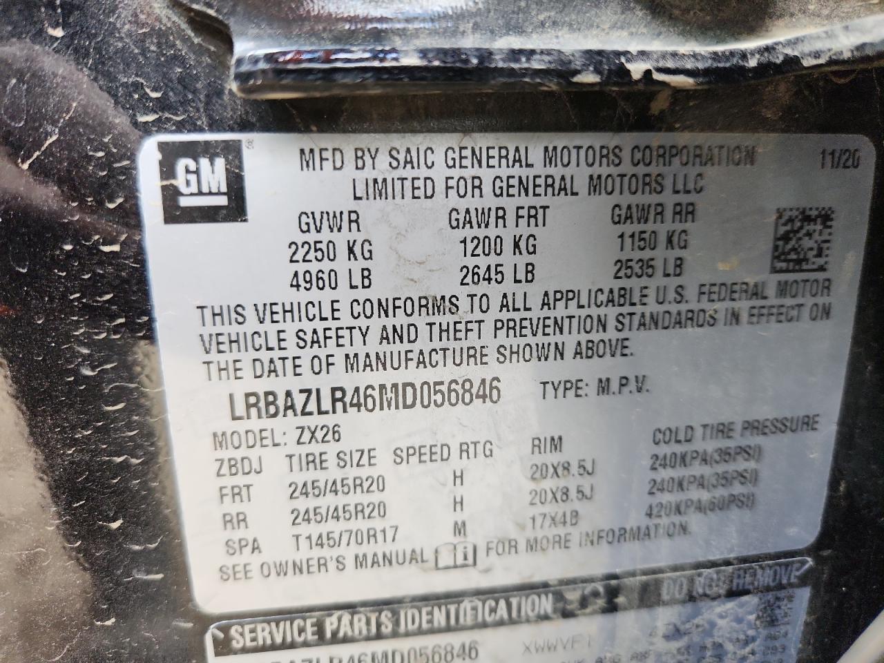 2021 Buick Envision Preferred VIN: LRBAZLR46MD056846 Lot: 89436845