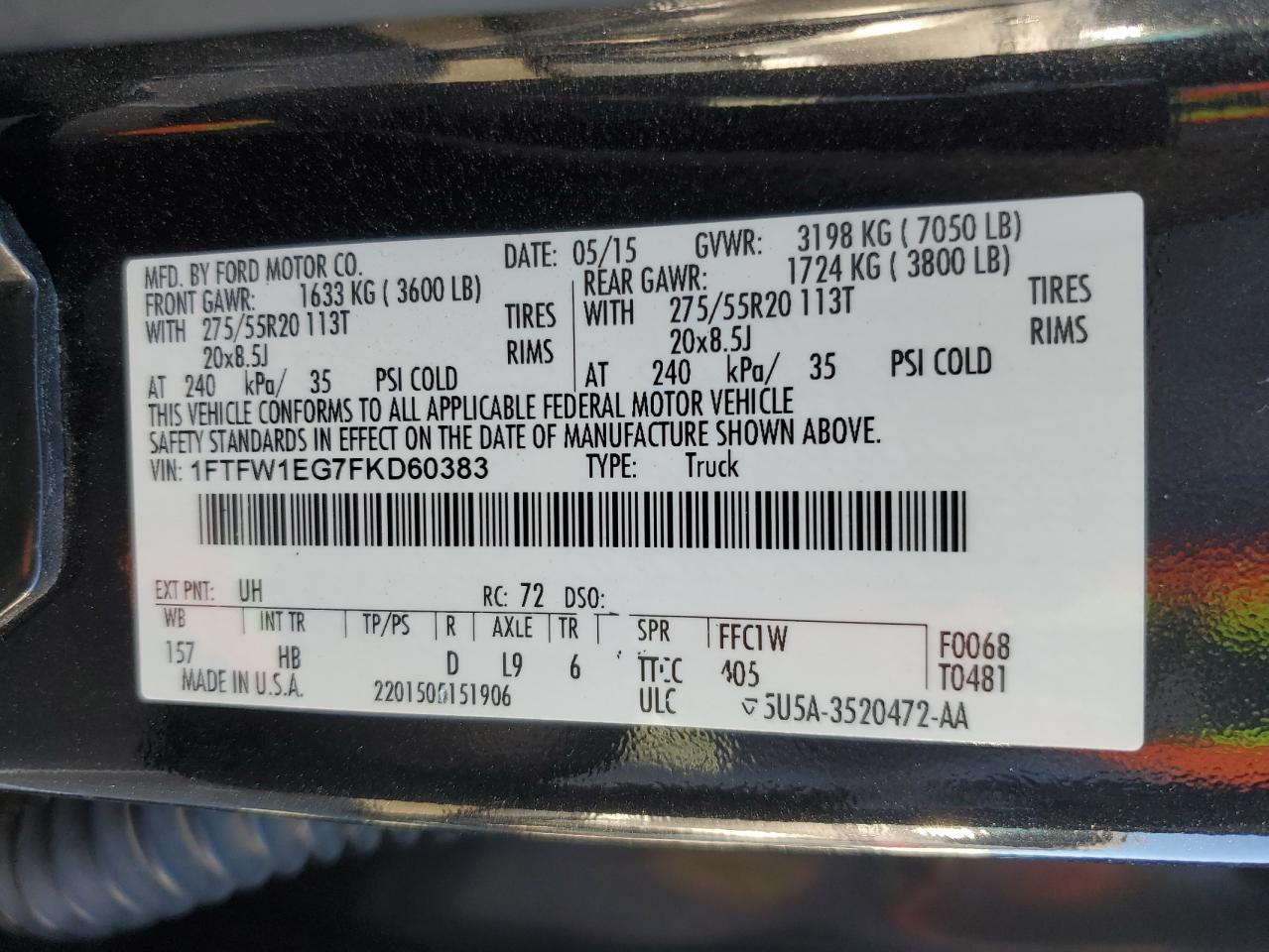 2015 Ford F150 Supercrew VIN: 1FTFW1EG7FKD60383 Lot: 82542945