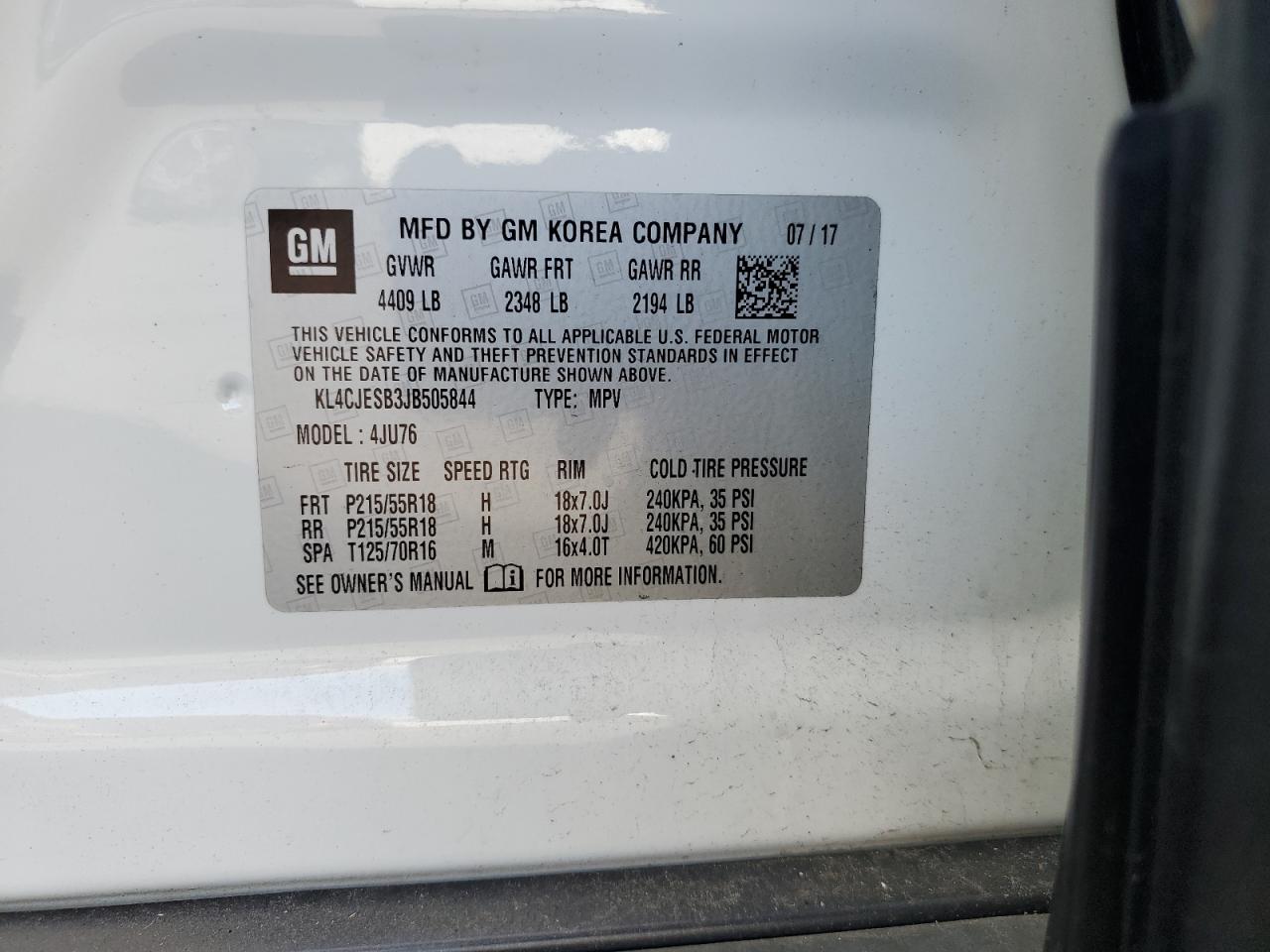 2018 Buick Encore Preferred VIN: KL4CJESB3JB505844 Lot: 89461395