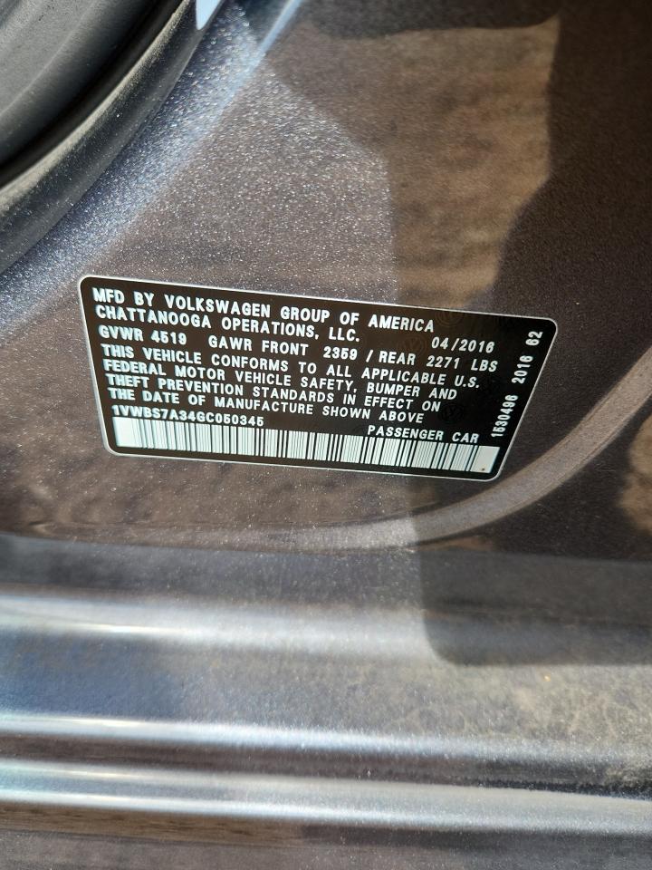 2016 Volkswagen Passat Se VIN: 1VWBS7A34GC050345 Lot: 81931505