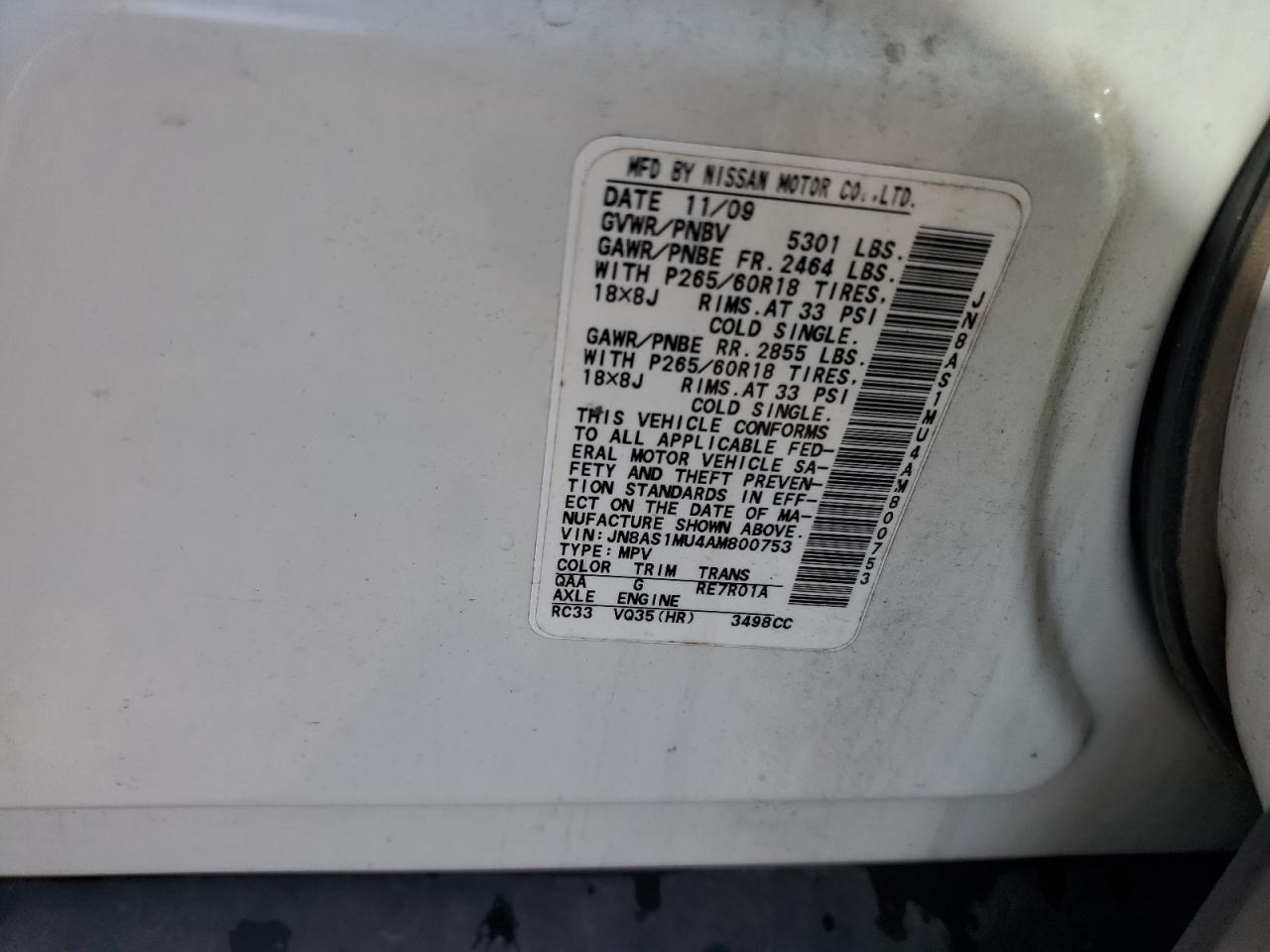 2010 Infiniti Fx35 VIN: JN8AS1MU4AM800753 Lot: 90400895