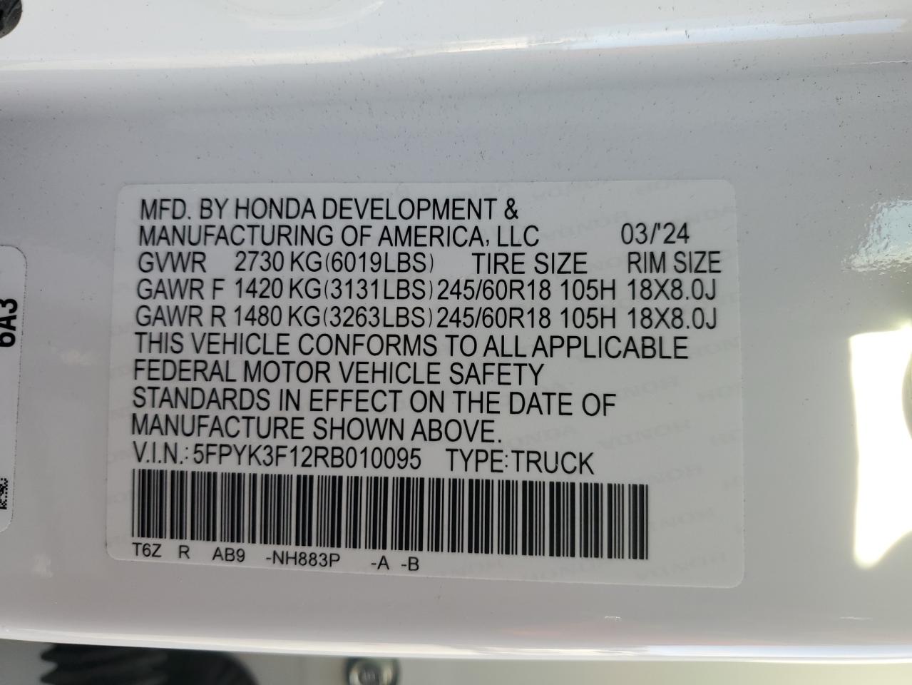 2024 Honda Ridgeline Sport VIN: 5FPYK3F12RB010095 Lot: 86826305