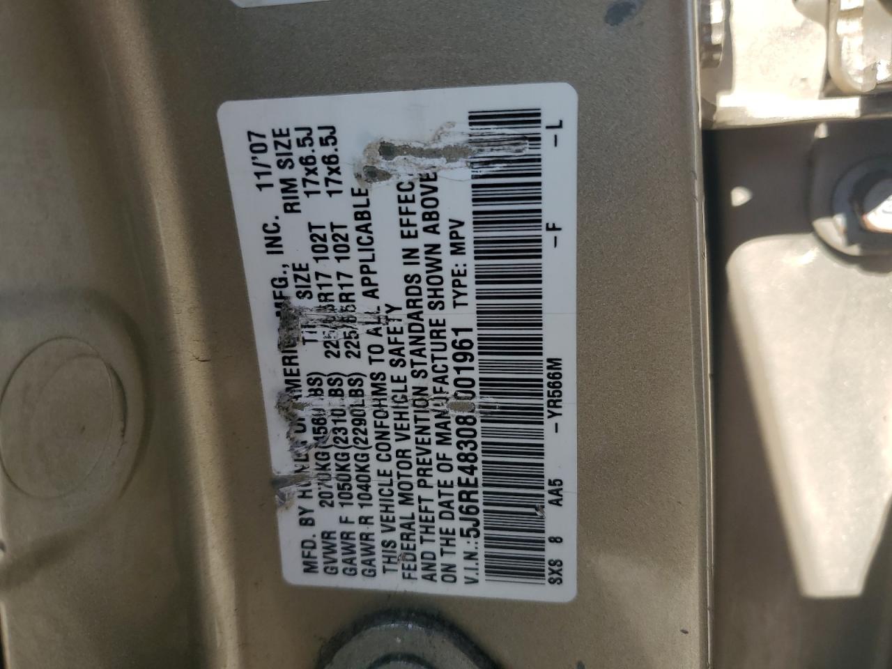 2008 Honda Cr-V Lx VIN: 5J6RE48308L001961 Lot: 85923095