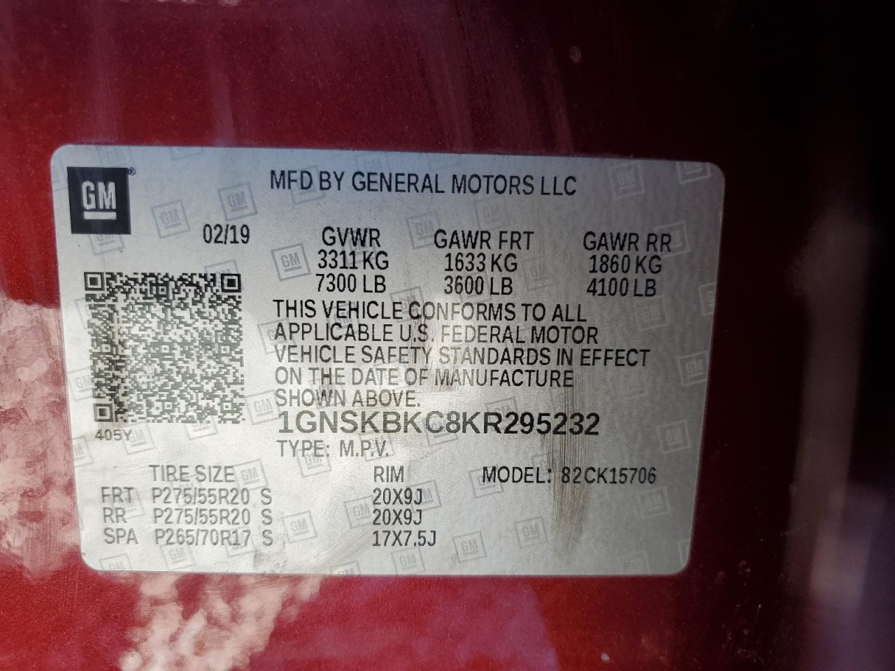 2019 Chevrolet Tahoe K1500 Lt VIN: 1GNSKBKC8KR295232 Lot: 85880395