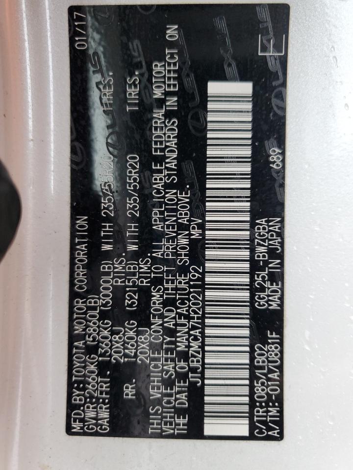 2017 Lexus Rx 350 Base VIN: JTJBZMCA7H2021192 Lot: 85356245