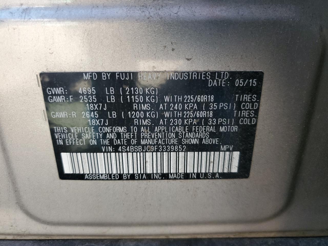 2015 Subaru Outback 2.5I Limited VIN: 4S4BSBJC9F3339852 Lot: 85857025