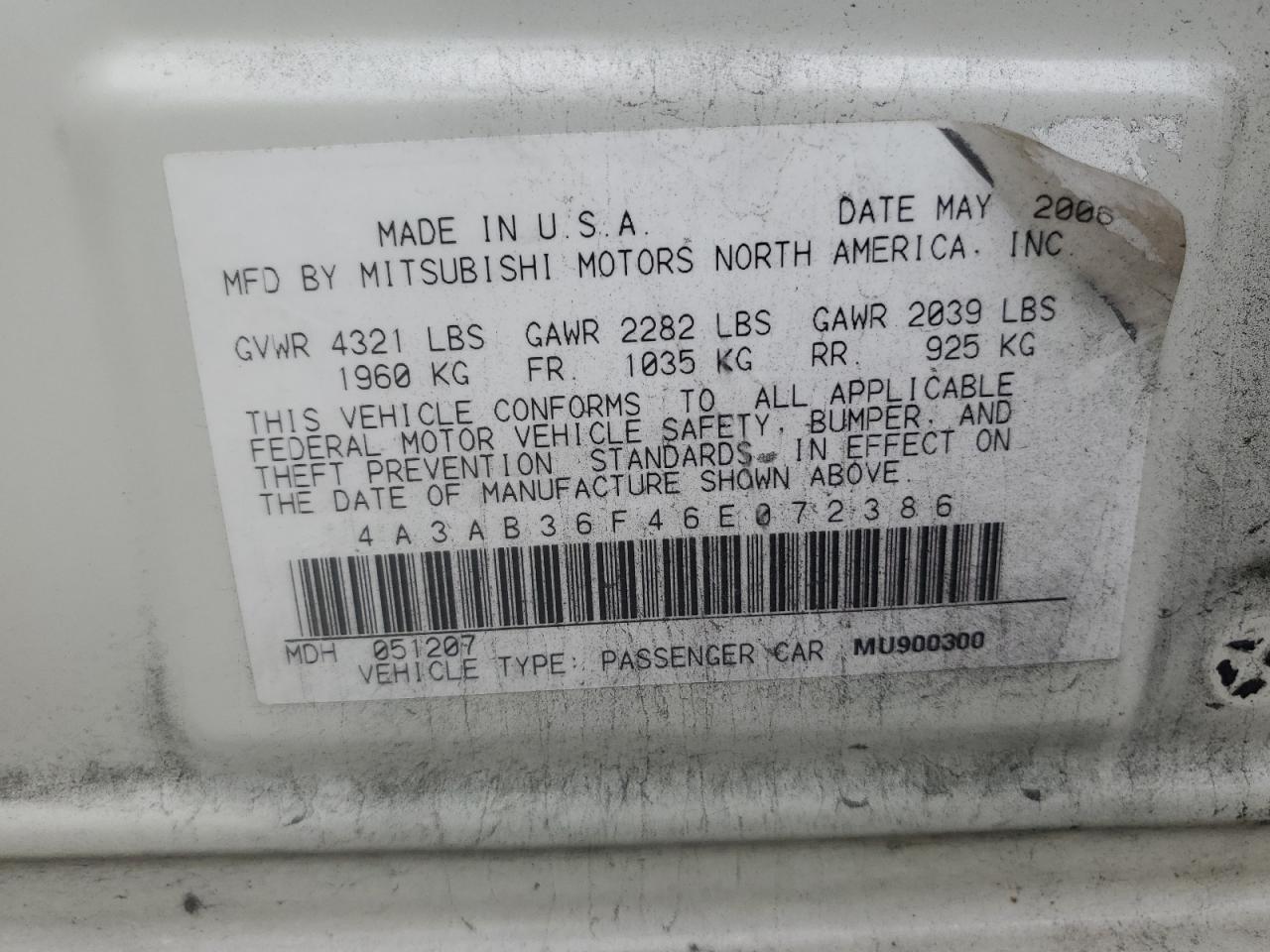 2006 Mitsubishi Galant Es Medium VIN: 4A3AB36F46E072386 Lot: 85524155